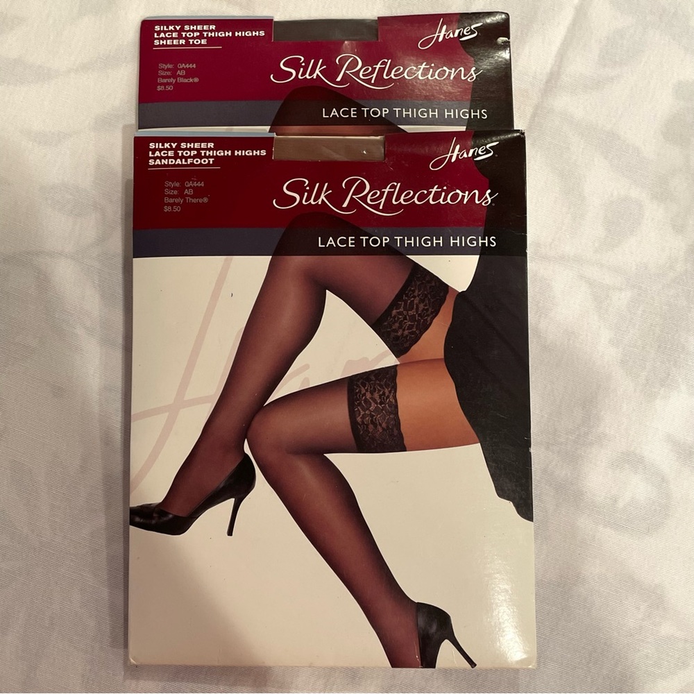 2 Pr Hanes Silk Reflections Thigh High Stockings Barely Black & Barely There AB